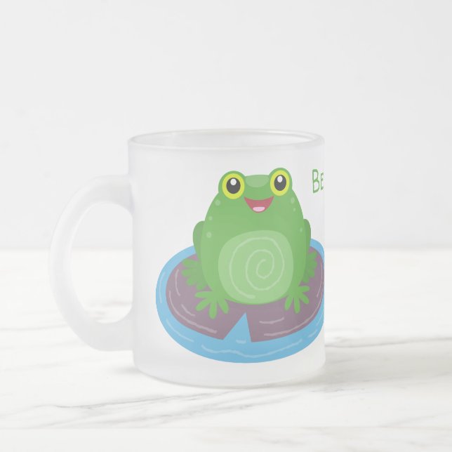 Cute happy green frog cartoon illustration frosted glass coffee mug (Left)