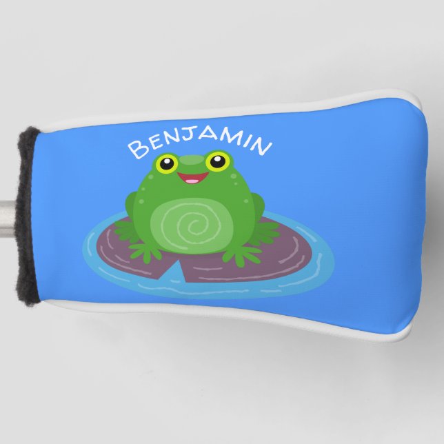 Cute happy green frog cartoon illustration golf head cover (Front)