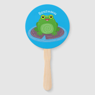 Cute happy green frog cartoon illustration hand fan