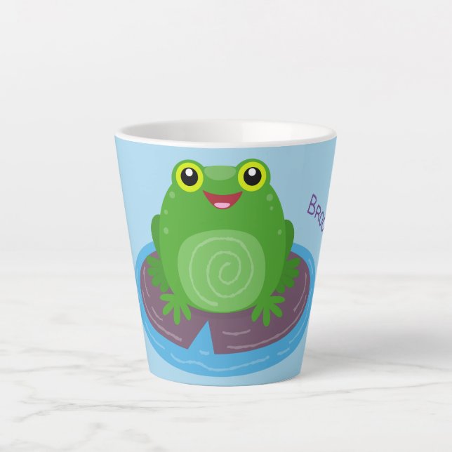 Cute happy green frog cartoon illustration latte mug (Front)