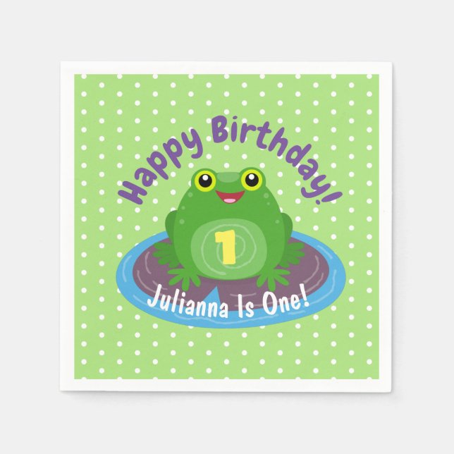 Cute happy green frog cartoon illustration napkin (Front)