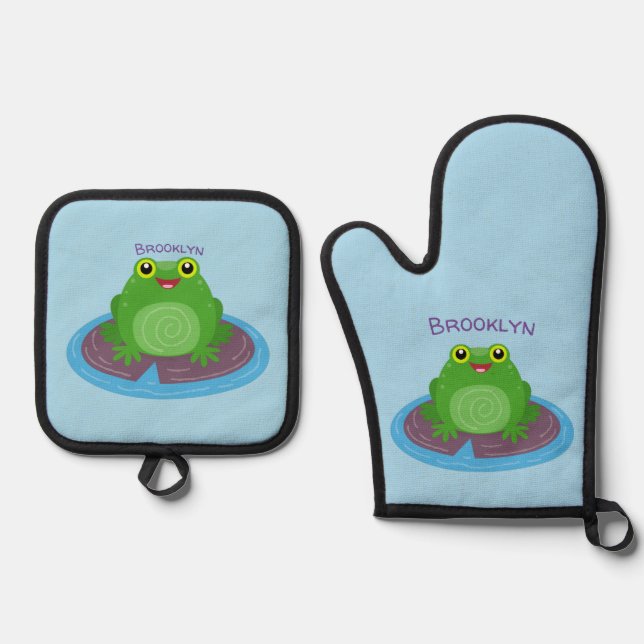 Cute happy green frog cartoon illustration oven mitt & pot holder set (Front)