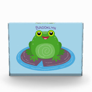 Cute happy green frog cartoon illustration photo block