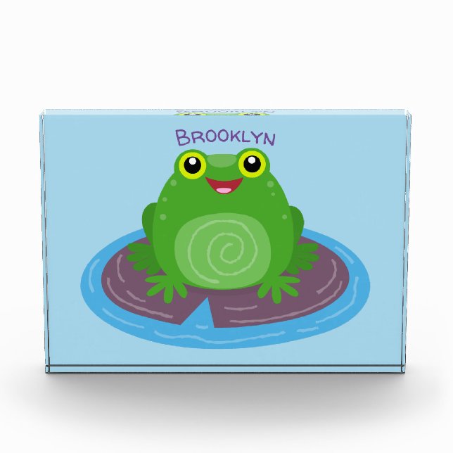 Cute happy green frog cartoon illustration photo block (Front)