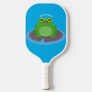 Cute happy green frog cartoon illustration pickleball paddle