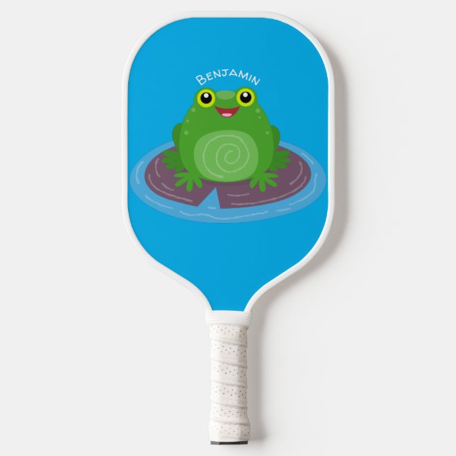 Cute happy green frog cartoon illustration pickleball paddle (Front)