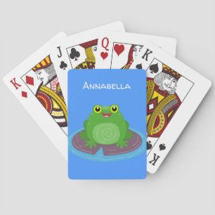 Cute happy green frog cartoon illustration playing cards