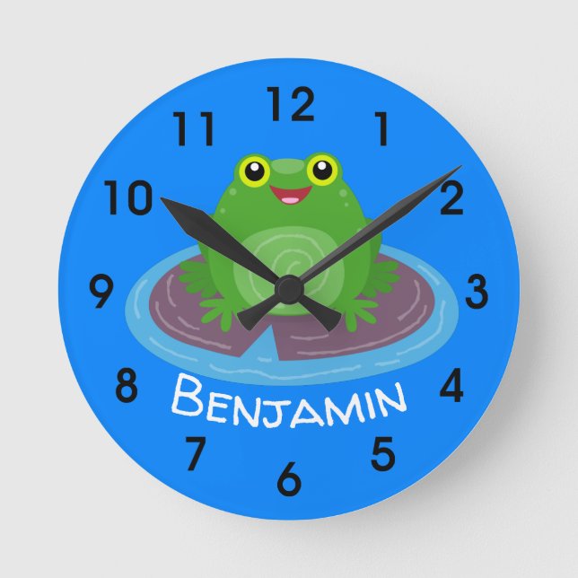 Cute happy green frog cartoon illustration round clock (Front)