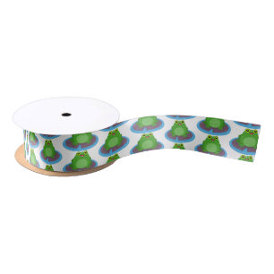 Cute happy green frog cartoon illustration satin ribbon