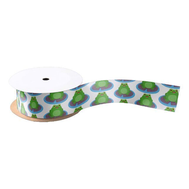 Cute happy green frog cartoon illustration satin ribbon (Spool)