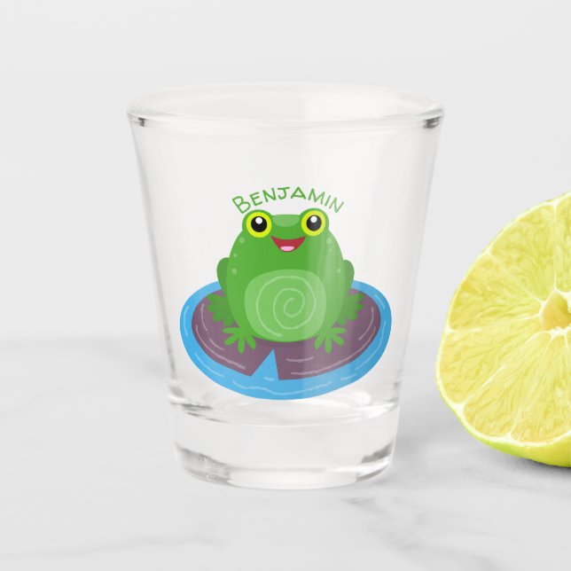 Cute happy green frog cartoon illustration  shot glass (Front)