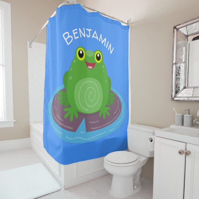 Cute happy green frog cartoon illustration shower curtain (In Situ)