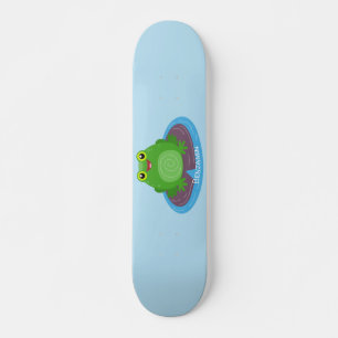 Cute happy green frog cartoon illustration skateboard