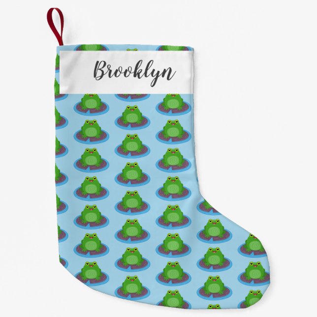 Cute happy green frog cartoon illustration small christmas stocking (Front)
