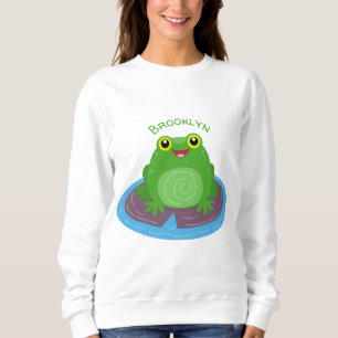 Cute happy green frog cartoon illustration sweatshirt