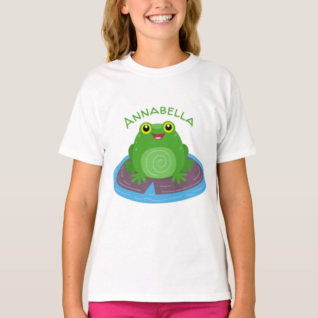 Cute happy green frog cartoon illustration T-Shirt (Front)