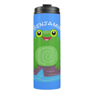 Cute happy green frog cartoon illustration thermal tumbler