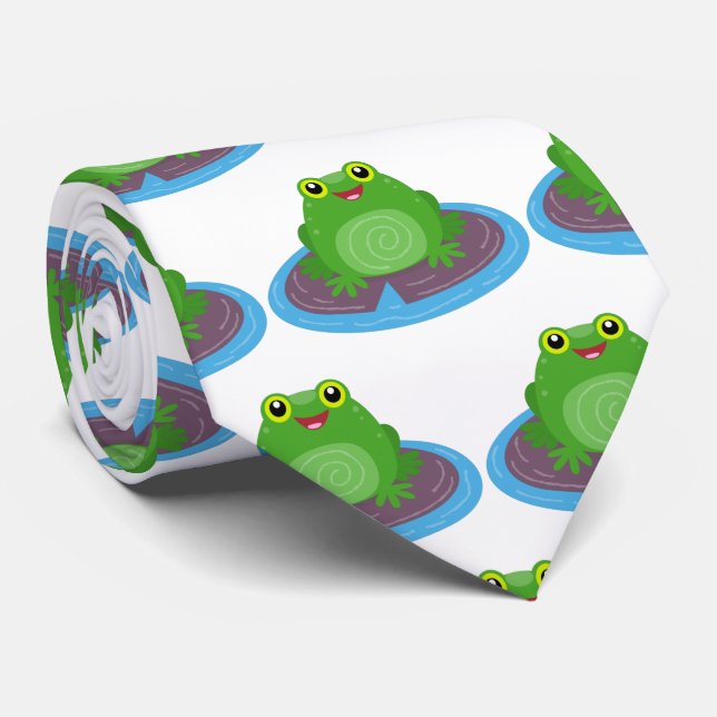 Cute happy green frog cartoon illustration tie (Rolled)