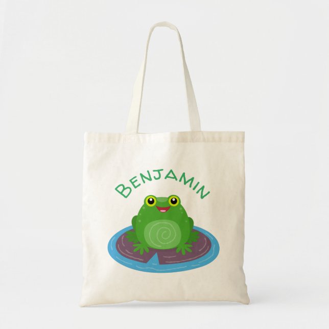 Cute happy green frog cartoon illustration tote bag (Front)