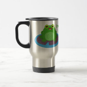Cute happy green frog cartoon illustration travel mug