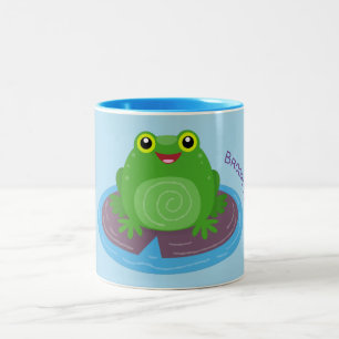 Cute happy green frog cartoon illustration Two-Tone coffee mug
