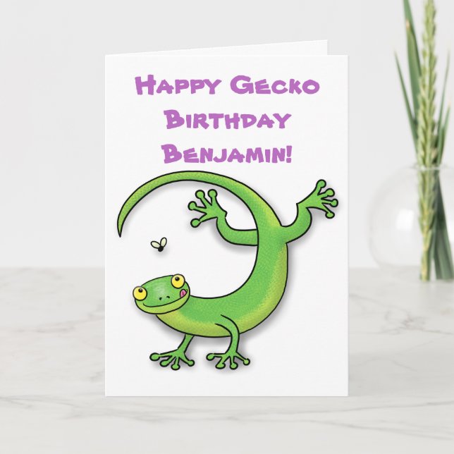 Cute happy  green gecko cartoon card (Front)