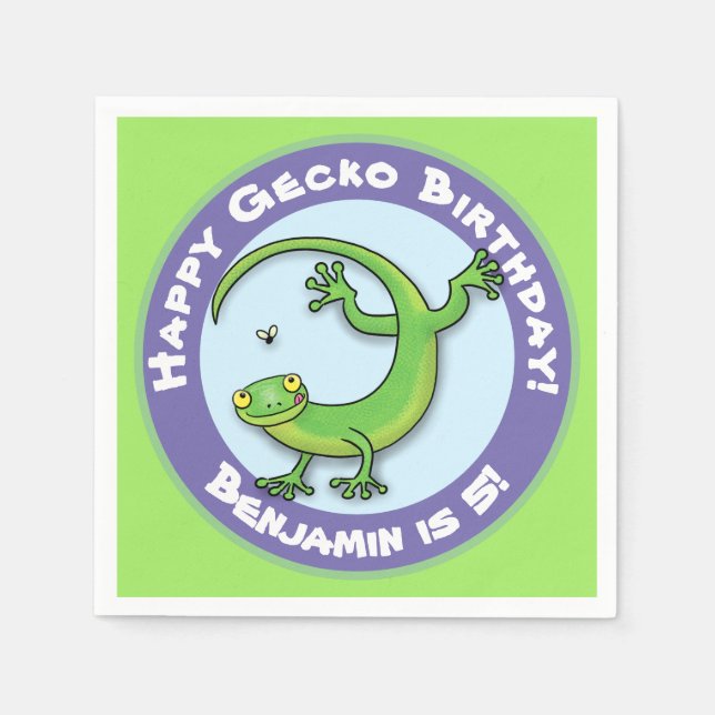 Cute happy green gecko climbing cartoon napkin (Front)