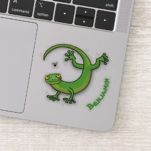 Cute happy green gecko greetings with bug cartoon