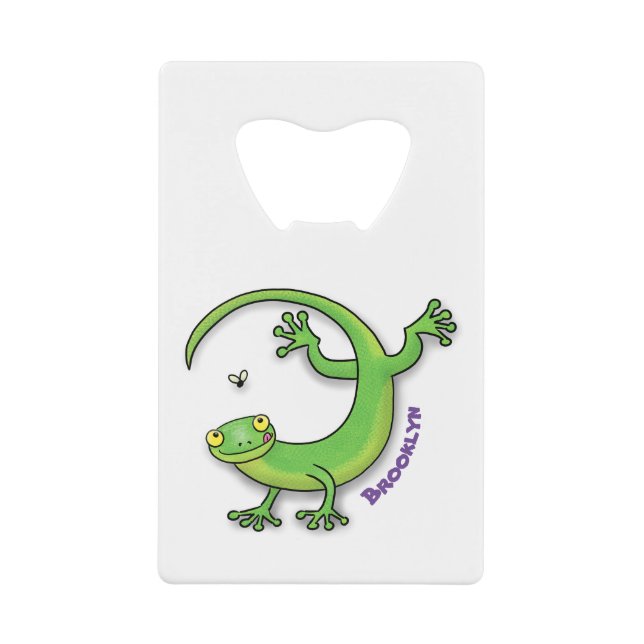 Cute happy green gecko greetings with bug cartoon (Front)