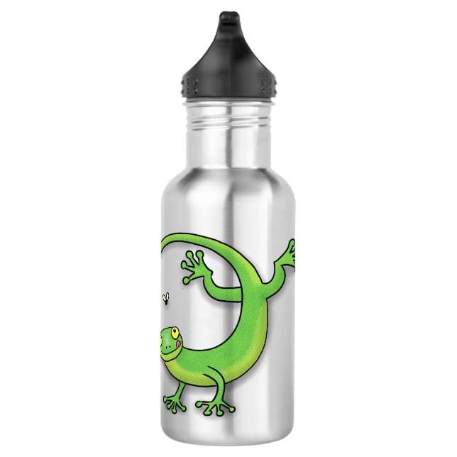 Cute happy green gecko greetings with bug cartoon 532 ml water bottle (Right)