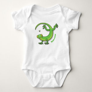 Cute happy green gecko greetings with bug cartoon baby bodysuit