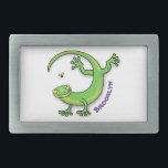 Cute happy green gecko greetings with bug cartoon belt buckle<br><div class="desc">Gecko greetings! This happy lizard design features a cute green reptile with a bug in his sight. Lots of fun!</div>