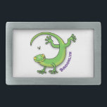 Cute happy green gecko greetings with bug cartoon belt buckle<br><div class="desc">Gecko greetings! This happy lizard design features a cute green reptile with a bug in his sight. Lots of fun!</div>
