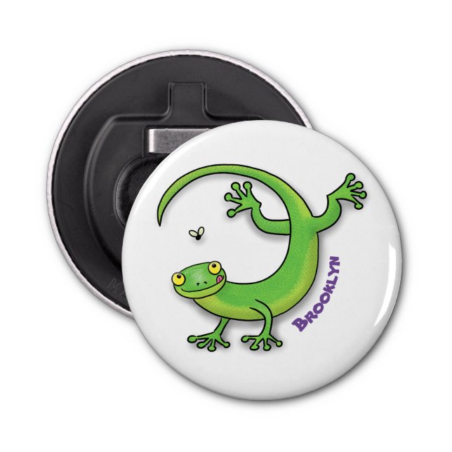Cute happy green gecko greetings with bug cartoon bottle opener (Front)