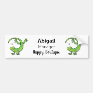 Cute happy green gecko greetings with bug cartoon bumper sticker