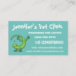 Cute happy green gecko greetings with bug cartoon business card