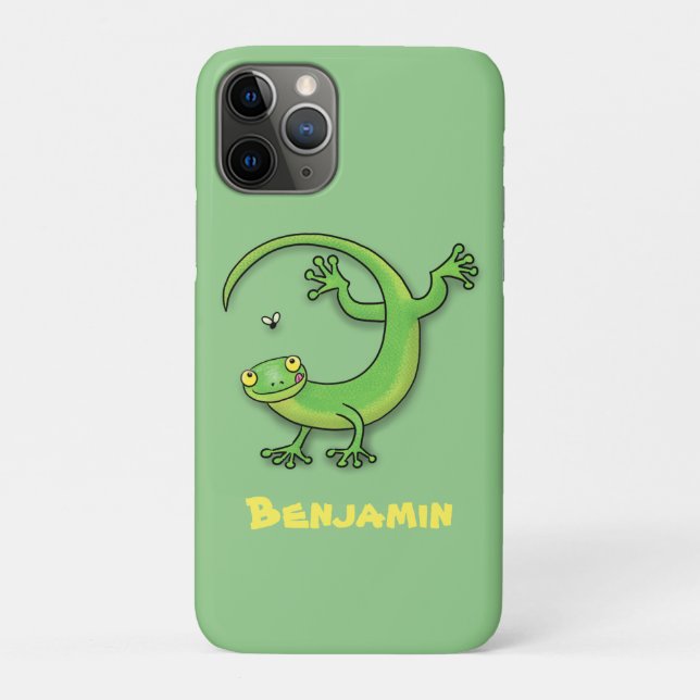 Cute happy green gecko greetings with bug cartoon Case-Mate iPhone case (Back)