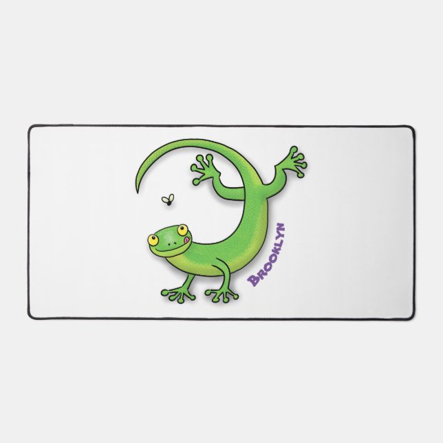 Cute happy green gecko greetings with bug cartoon desk mat (Front)