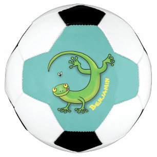 Cute happy green gecko greetings with bug cartoon football