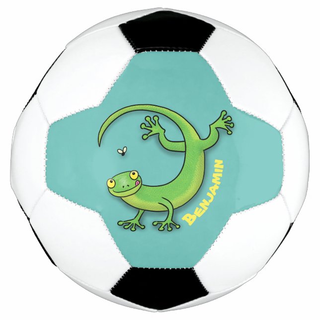 Cute happy green gecko greetings with bug cartoon football (Front)