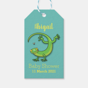 Cute happy green gecko greetings with bug cartoon gift tags