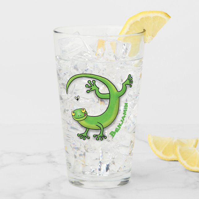 Cute happy green gecko greetings with bug cartoon glass (Back Ice)
