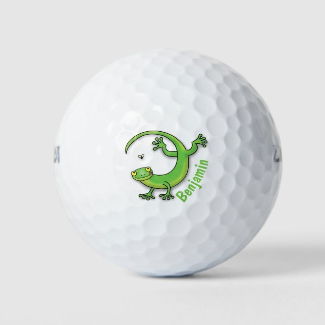 Cute happy green gecko greetings with bug cartoon golf balls (Front)