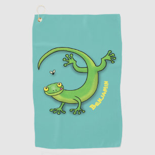 Cute happy green gecko greetings with bug cartoon golf towel