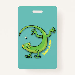 Cute happy green gecko greetings with bug cartoon ID badge