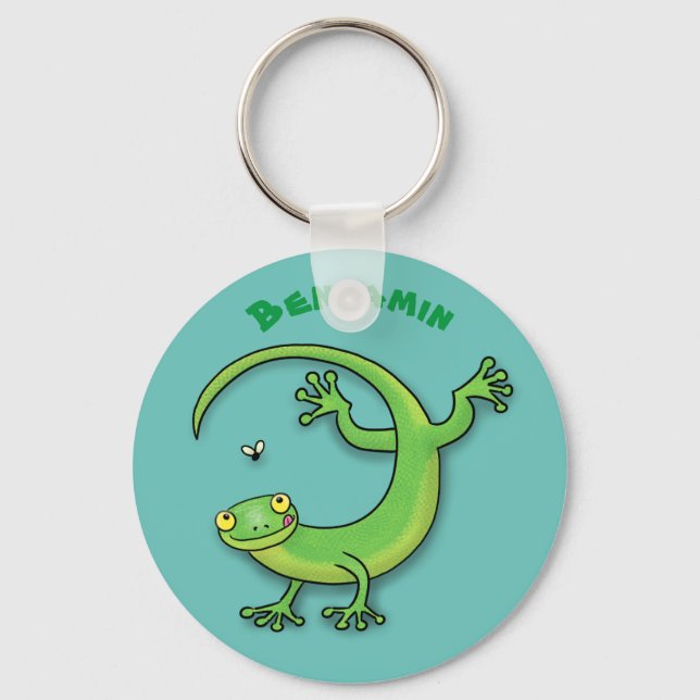Cute happy green gecko greetings with bug cartoon key ring (Front)