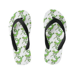 Cute happy green gecko greetings with bug cartoon kid's flip flops