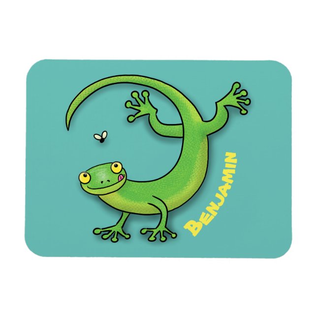 Cute happy green gecko greetings with bug cartoon magnet (Horizontal)