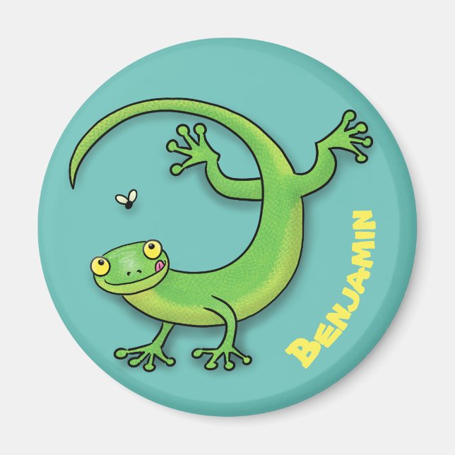 Cute happy green gecko greetings with bug cartoon magnet (Front)