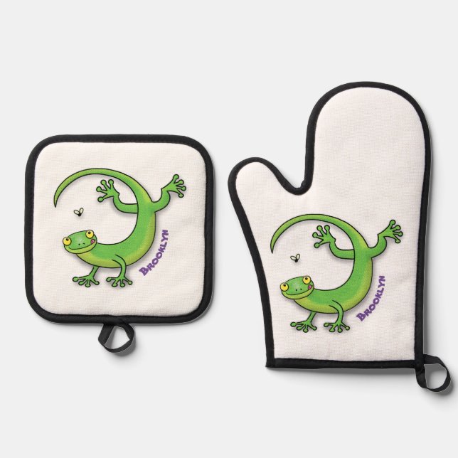 Cute happy green gecko greetings with bug cartoon oven mitt & pot holder set (Front)